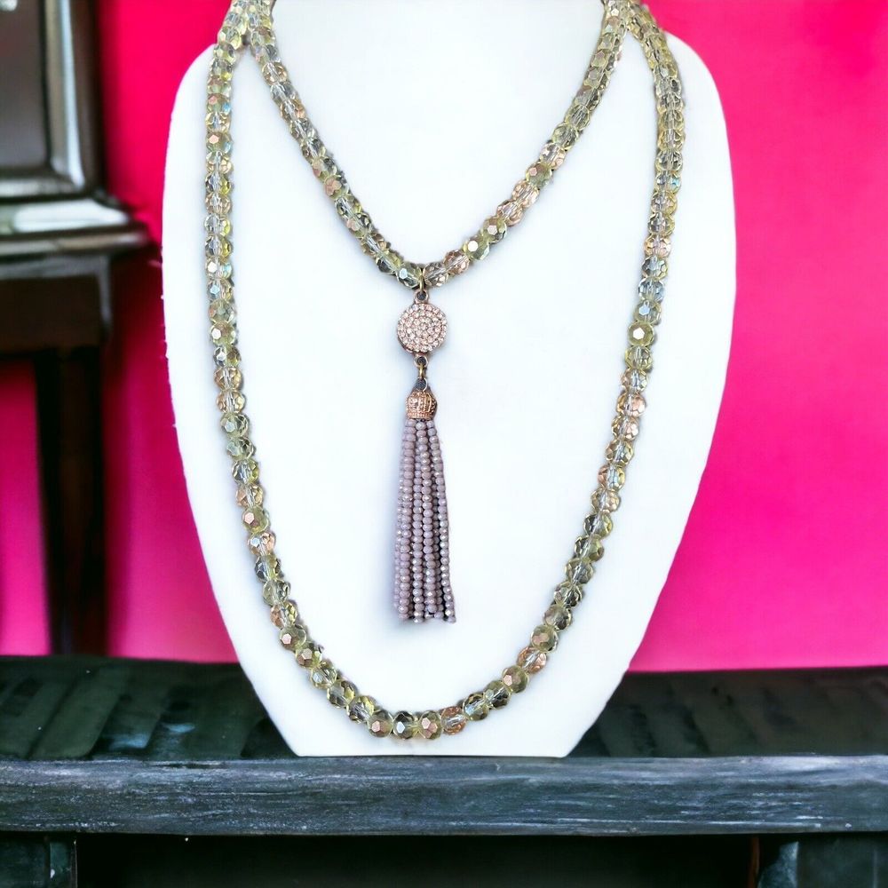 Fabulina Designs Faceted Glass Beaded Double Strand Necklace With Beaded Tassel